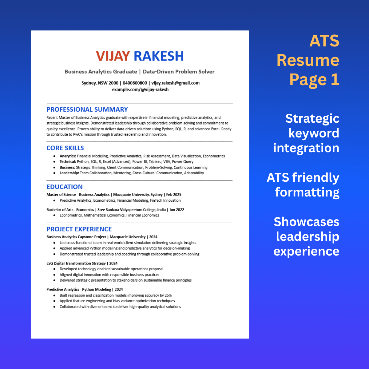 ATS Optimized Resume - Business Analytics Graduate Program Application - Project Image 2
